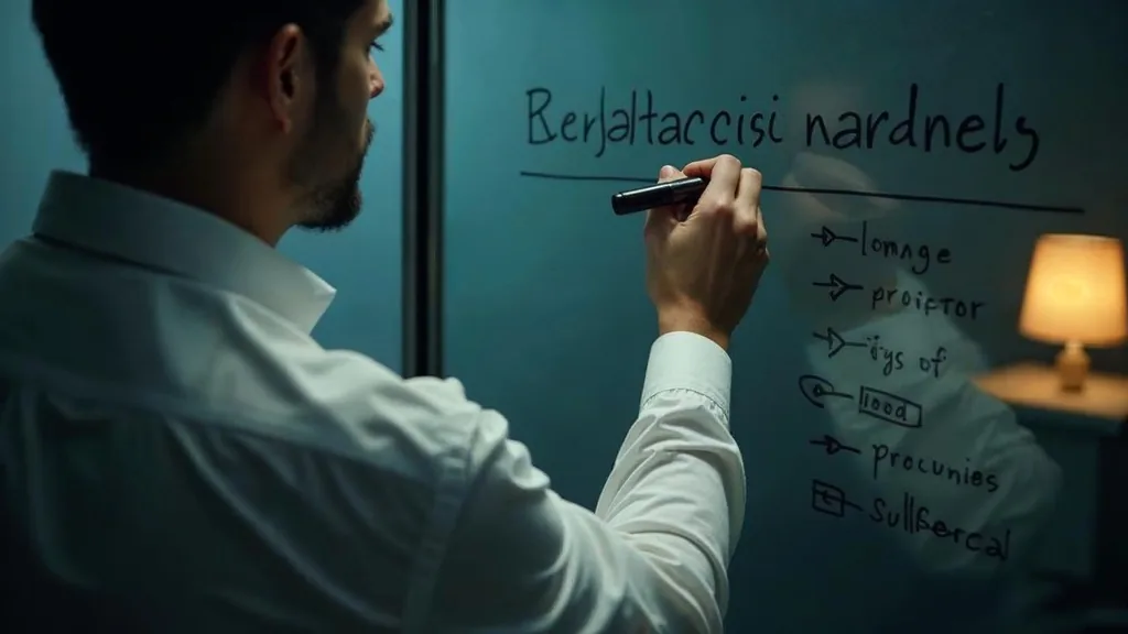 Product marketer drafting short value proposition lines on a glass office wall at night