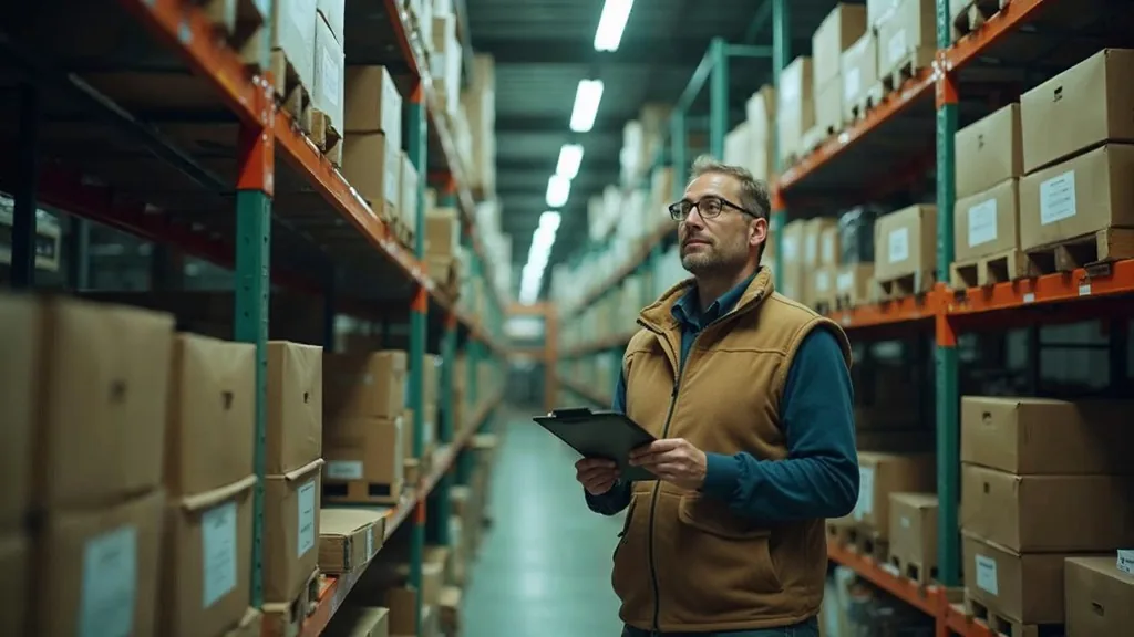 Retail planner checking seasonal stock in a warehouse aisle, illustrating seasonal demand trend planning