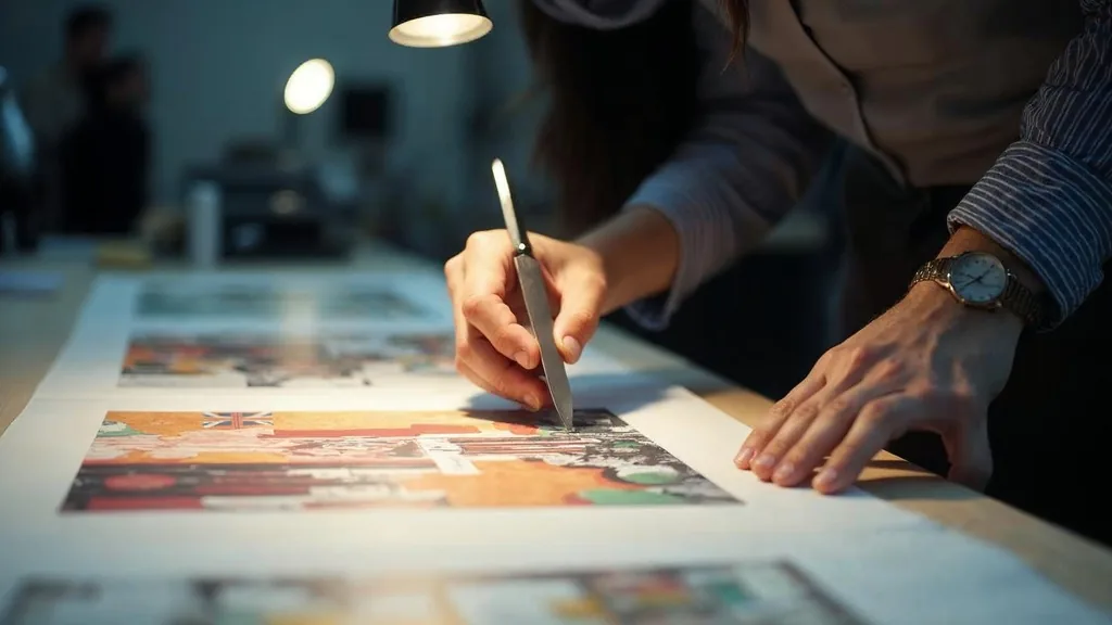 Designer trimming printed banner ad proofs on a studio table with a scalpel and steel ruler