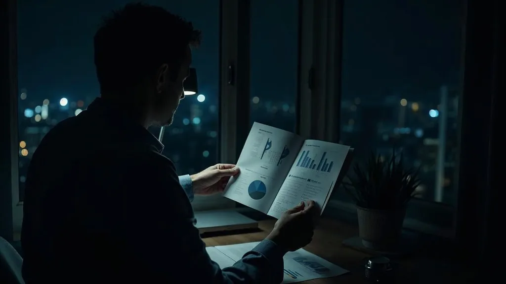 Media buyer studying a printed performance report at night while reviewing click-through-rate benchmarks