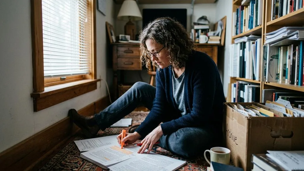 Copy editor sitting on a home office floor marking repeated phrases on a printed article draft with an orange highlighter in cold window light