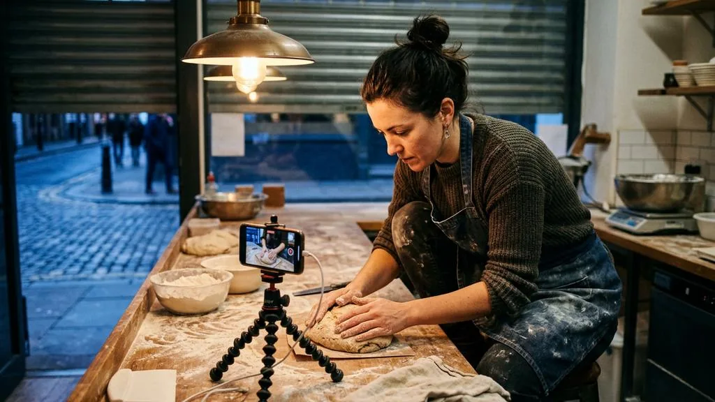 Bakery owner filming her own hands shaping dough on a phone tripod at a flour-dusted counter before opening, lit by a warm pendant lamp
