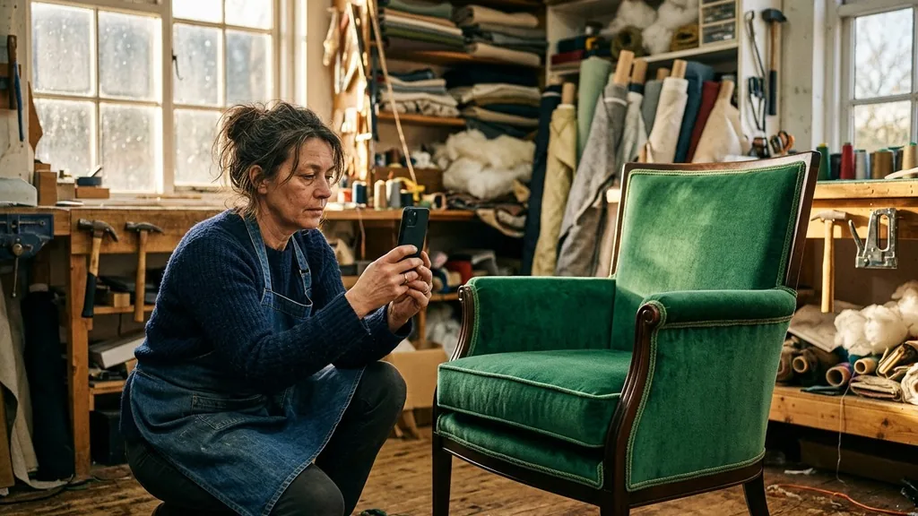 Upholstery workshop owner crouching to film a freshly finished green velvet armchair on her phone in raking late-afternoon window light