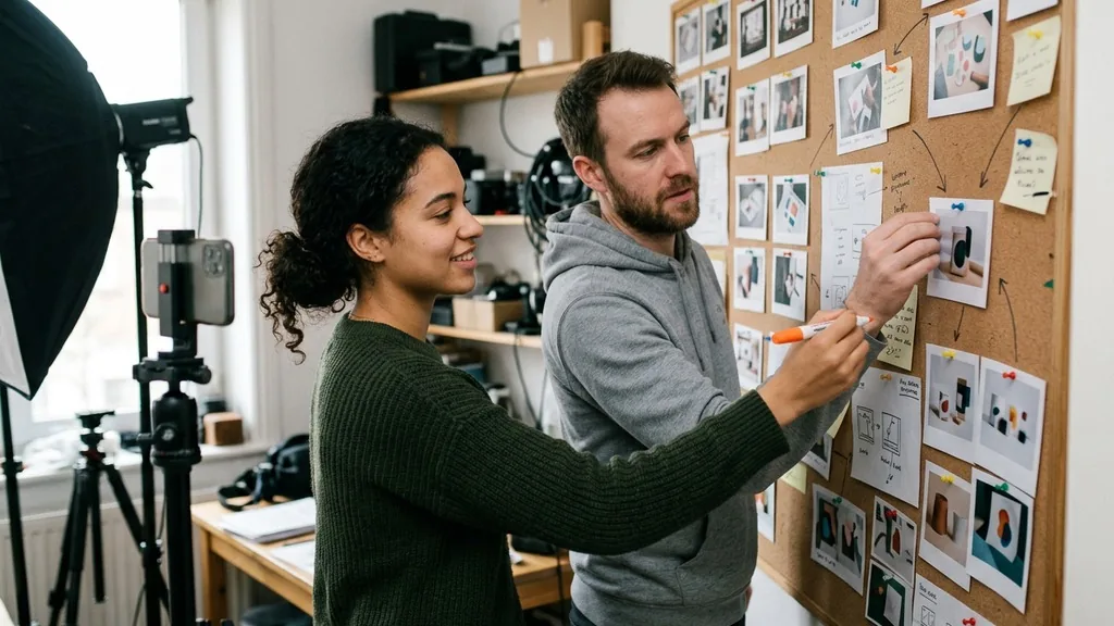 Two creatives pinning printed storyboard frames and phone-shot product photos to a corkboard in a small daylit studio beside a softbox and a tripod-mounted phone