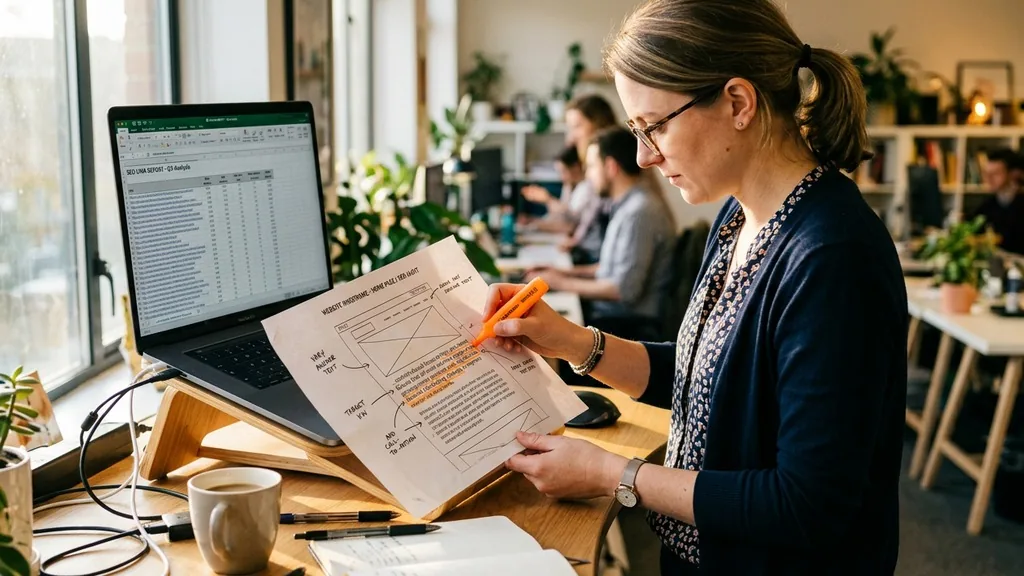 An SEO editor at a standing desk circling underlined link phrases on a printed website wireframe with an orange highlighter in raking afternoon window light
