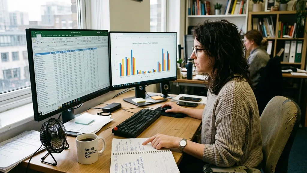 A paid search specialist comparing a spreadsheet of exported keyword rows and a monthly search volume chart on two monitors while noting seed keywords in a notebook