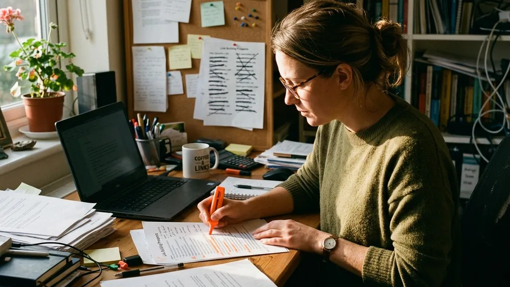 A link building specialist annotating a printed list of website prospects in orange highlighter beside a corkboard of crossed-out domains in late afternoon light