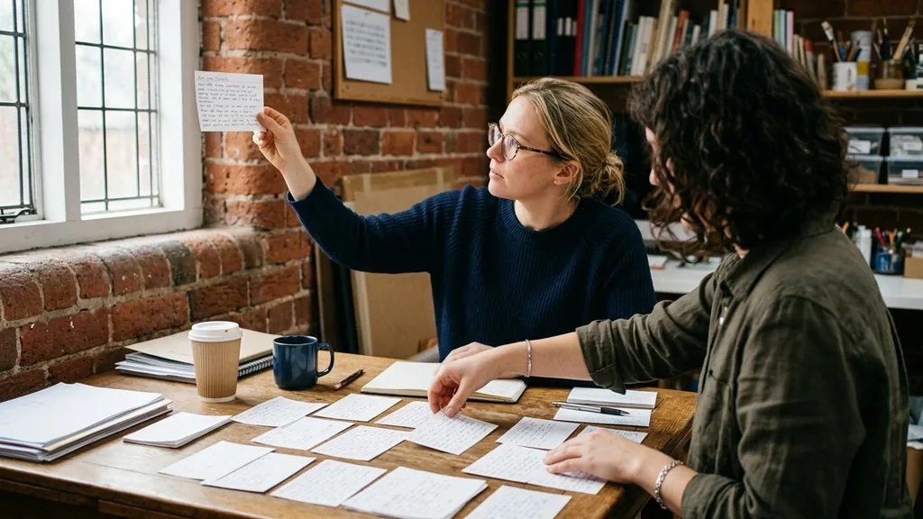 Two founders in a brick-walled studio arranging handwritten index cards of draft mission statement sentences on a wooden table in soft overcast daylight