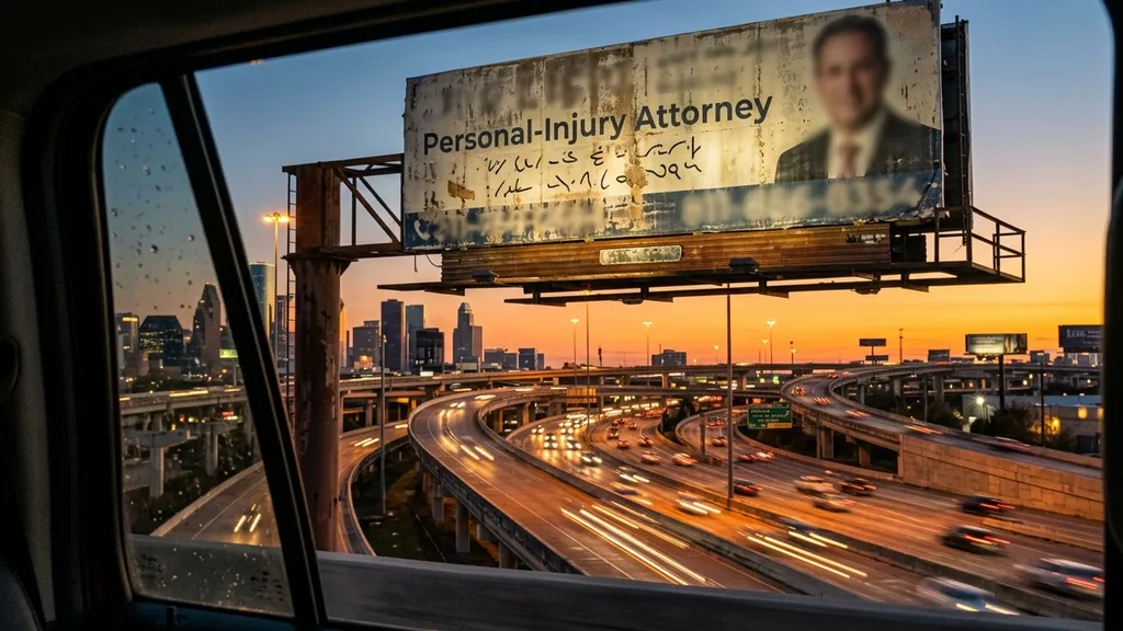 A weathered personal injury attorney billboard above a busy freeway interchange at dusk, illuminated by orange streetlights, photographed from a passing car