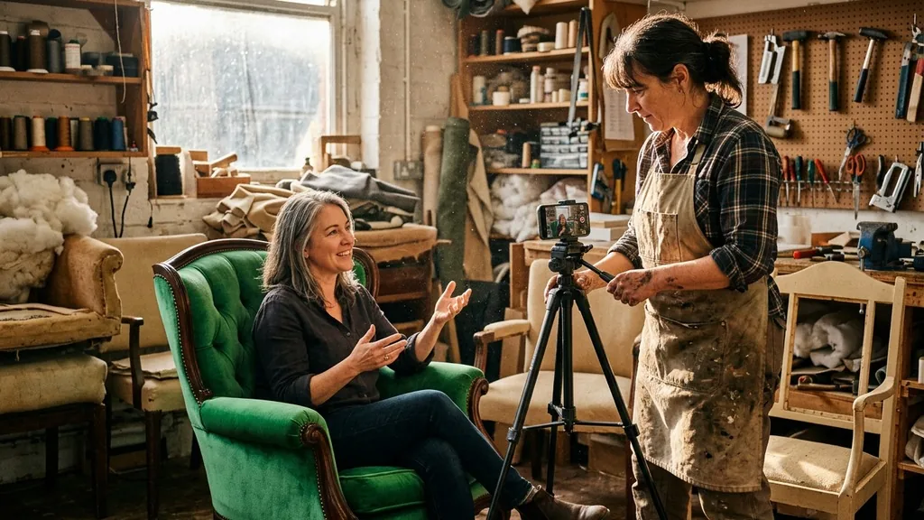 A workshop upholsterer in a canvas apron filming a seated customer on a tripod-mounted phone beside a restored green velvet armchair in raking afternoon light