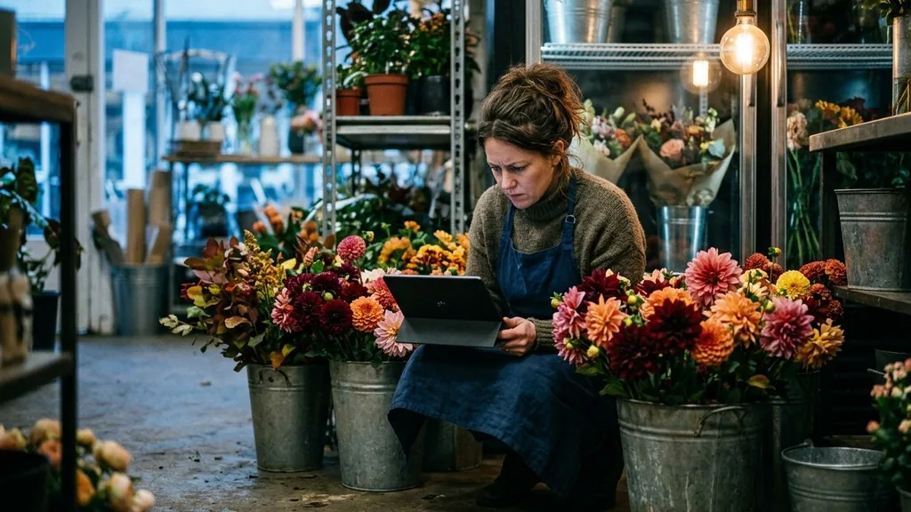 A florist in a linen apron crouched between buckets of dahlias, frowning at a tablet propped on a zinc bucket while her shop page loads under a hanging bulb