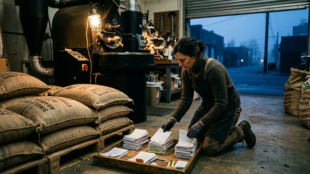 A coffee roastery owner kneeling beside stacked burlap sacks at dawn, sorting printed order slips into three piles under a caged work lamp