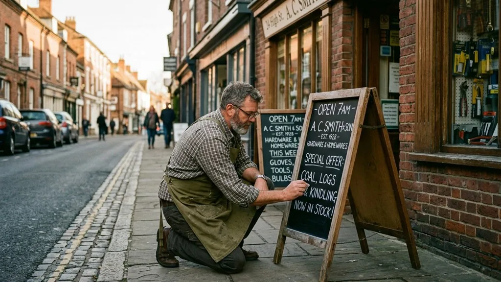 A neighbourhood hardware store owner in a canvas apron kneeling on the sidewalk at dawn, chalking a handwritten special offer onto a sandwich board outside his shopfront