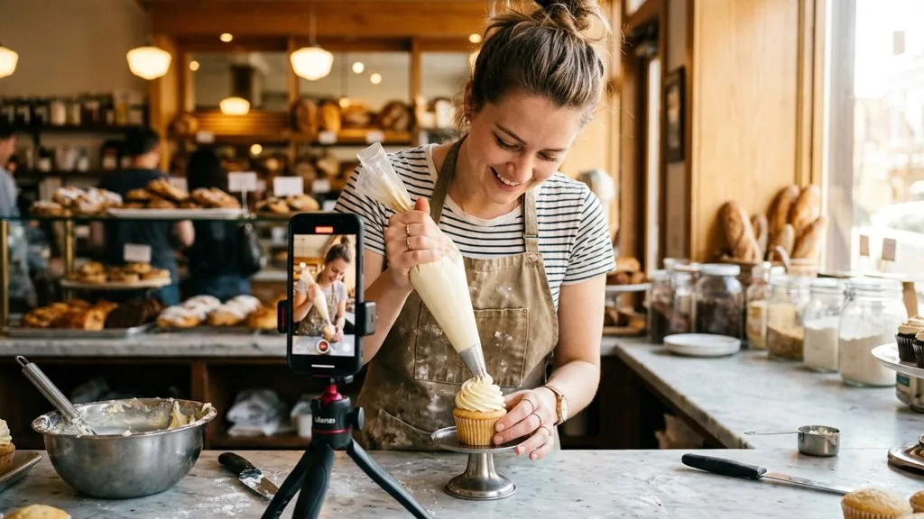 A bakery owner in a flour-dusted apron filming a vertical video on a phone clamped to a tripod while piping a swirl onto a cupcake in warm window light