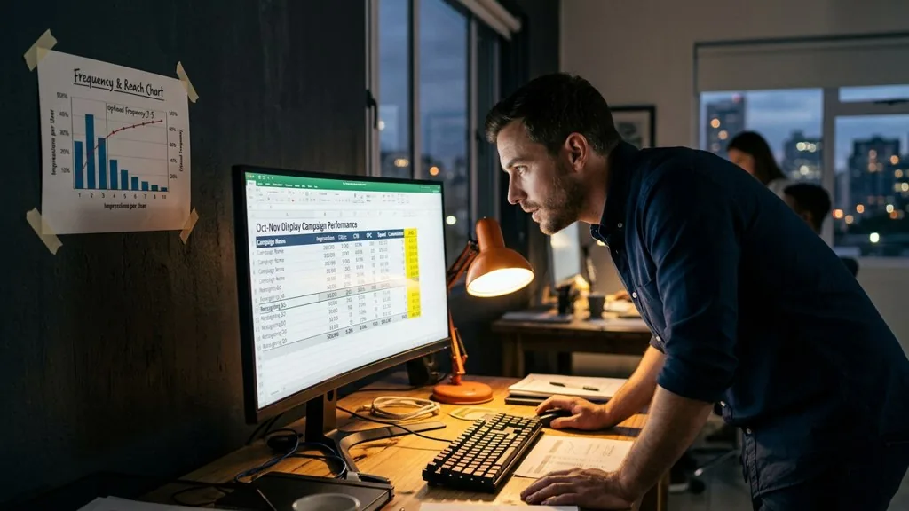 A media buyer leaning close to a wide monitor in a dim agency office at dusk, one column of a display-campaign reporting table highlighted under an orange desk lamp