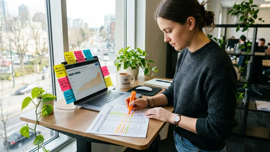 An SEO specialist at a standing desk by a bright window highlighting a printed spreadsheet of search queries while a laptop shows a climbing impressions chart
