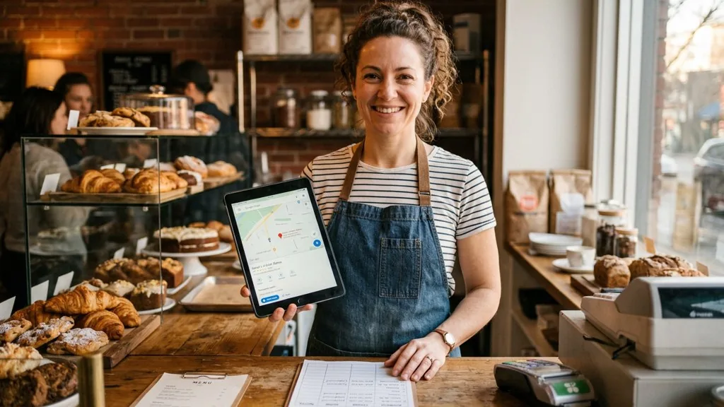 A bakery owner in an apron at her counter in late afternoon window light holding a tablet showing her shop pin on a map listing beside a printed checklist of contact details