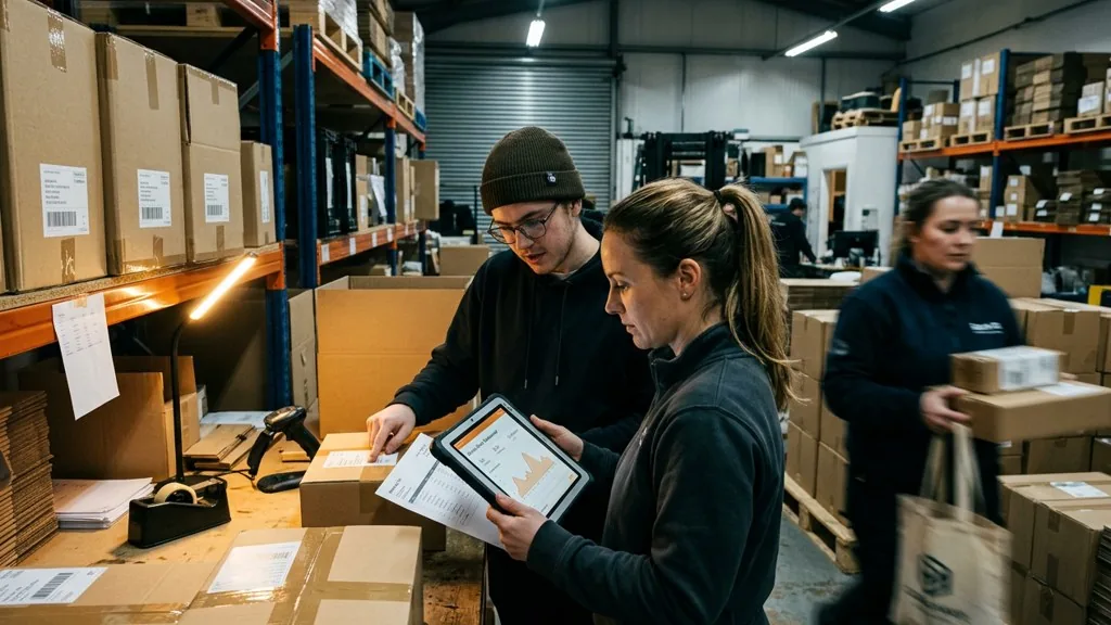 Two ecommerce operations staff working late in a small brand warehouse on sale night, one holding a tablet with an order dashboard beside stacked shipping boxes