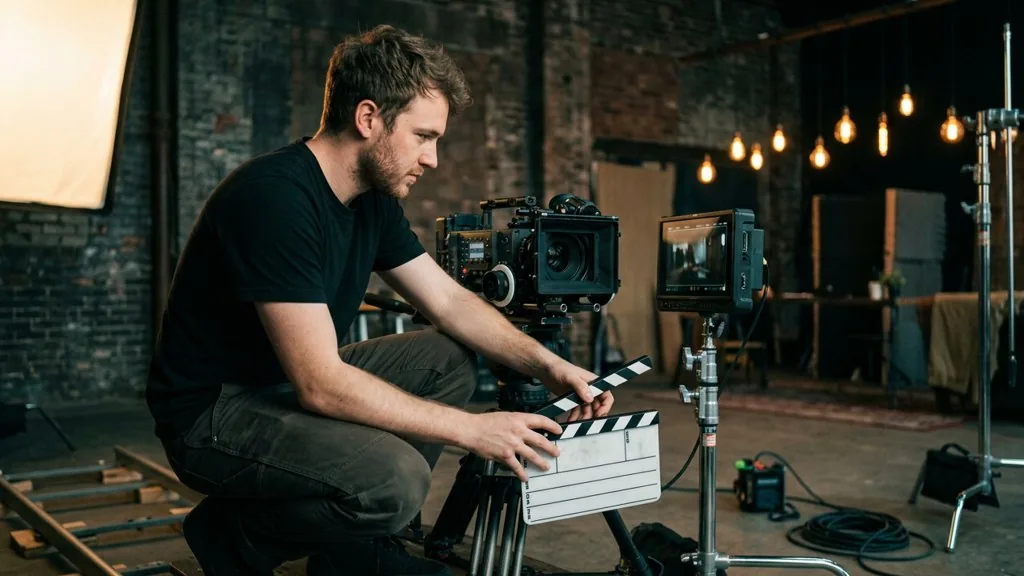 Video producer crouched beside a cinema camera on dolly track in a warehouse studio holding a clapperboard next to a field monitor and softbox lighting