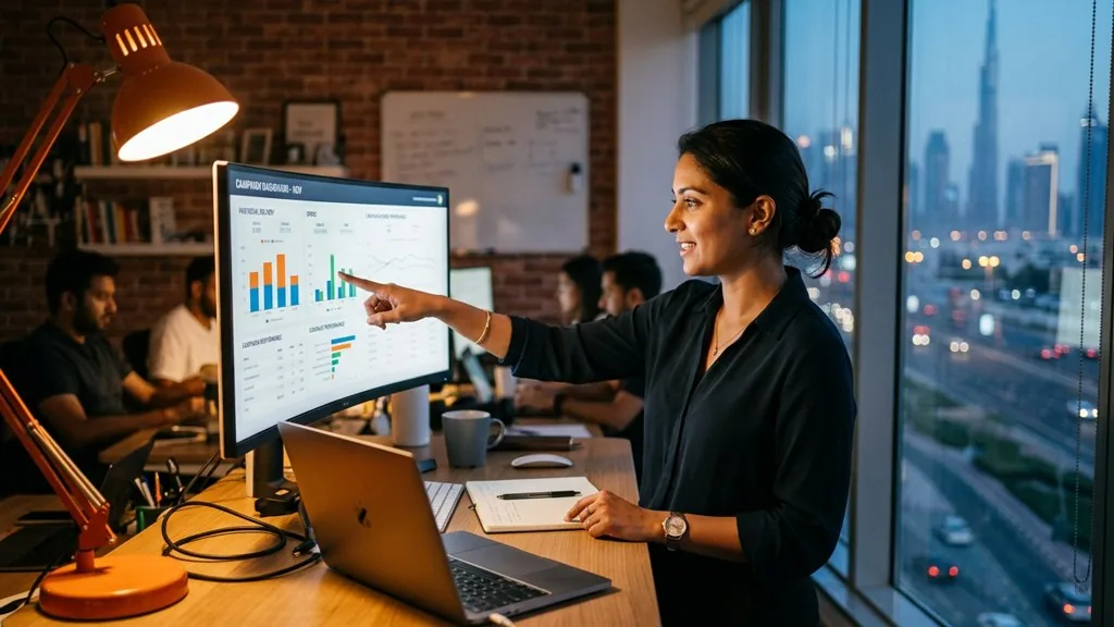 Media buyer at a standing desk in a small agency office at dusk pointing at a monitor showing paid social delivery charts