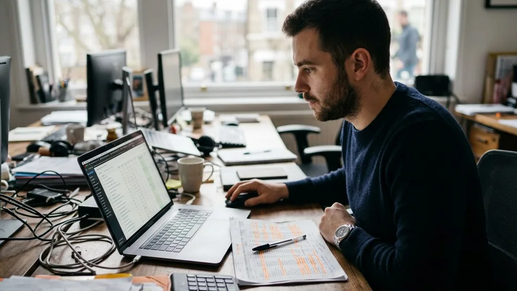 PPC specialist at a desk reviewing rows of search queries on a laptop with a marked-up printed spreadsheet beside the keyboard in morning light