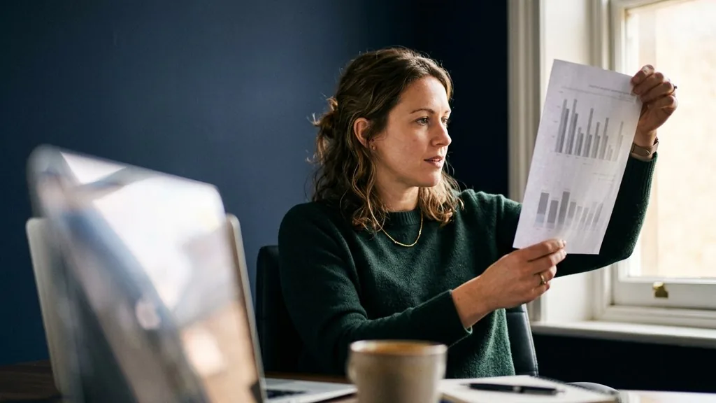 Media planner at her desk holding a printed bar chart report up to window light with a laptop glowing out of focus beside her