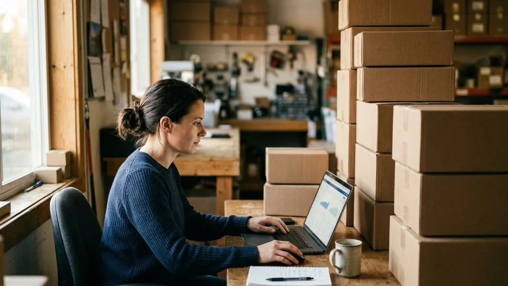 Ecommerce operations manager reviewing orders on a laptop beside stacked shipping boxes in a small warehouse office in late afternoon light