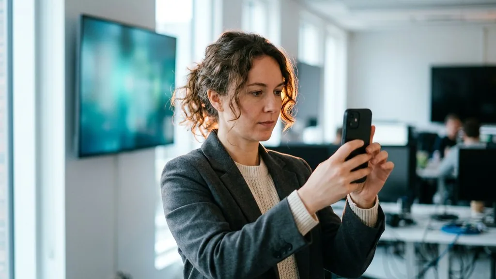Media buyer holding a smartphone at arm's length in a bright studio with a blurred monitor glowing behind her shoulder