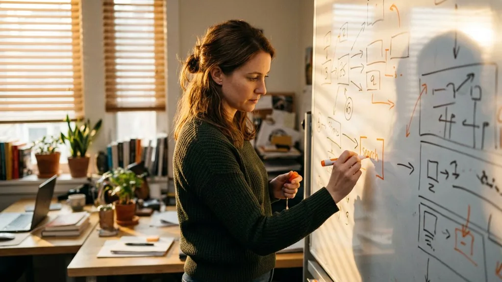 Paid search analyst drawing square brackets around a single keyword on an agency whiteboard in late afternoon light