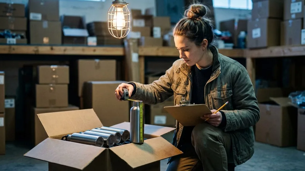 Ecommerce merchandiser measuring a steel bottle beside an open carton in a warehouse under a single caged work light