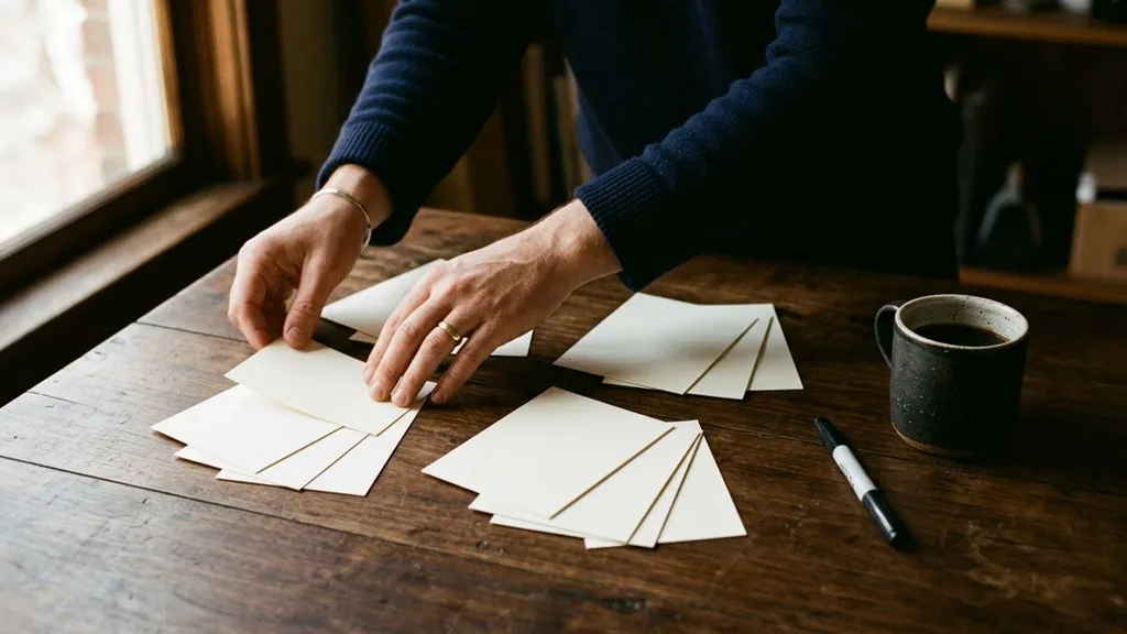 Art director's hands arranging blank white index cards into clusters on a dark walnut studio table under warm angled window light