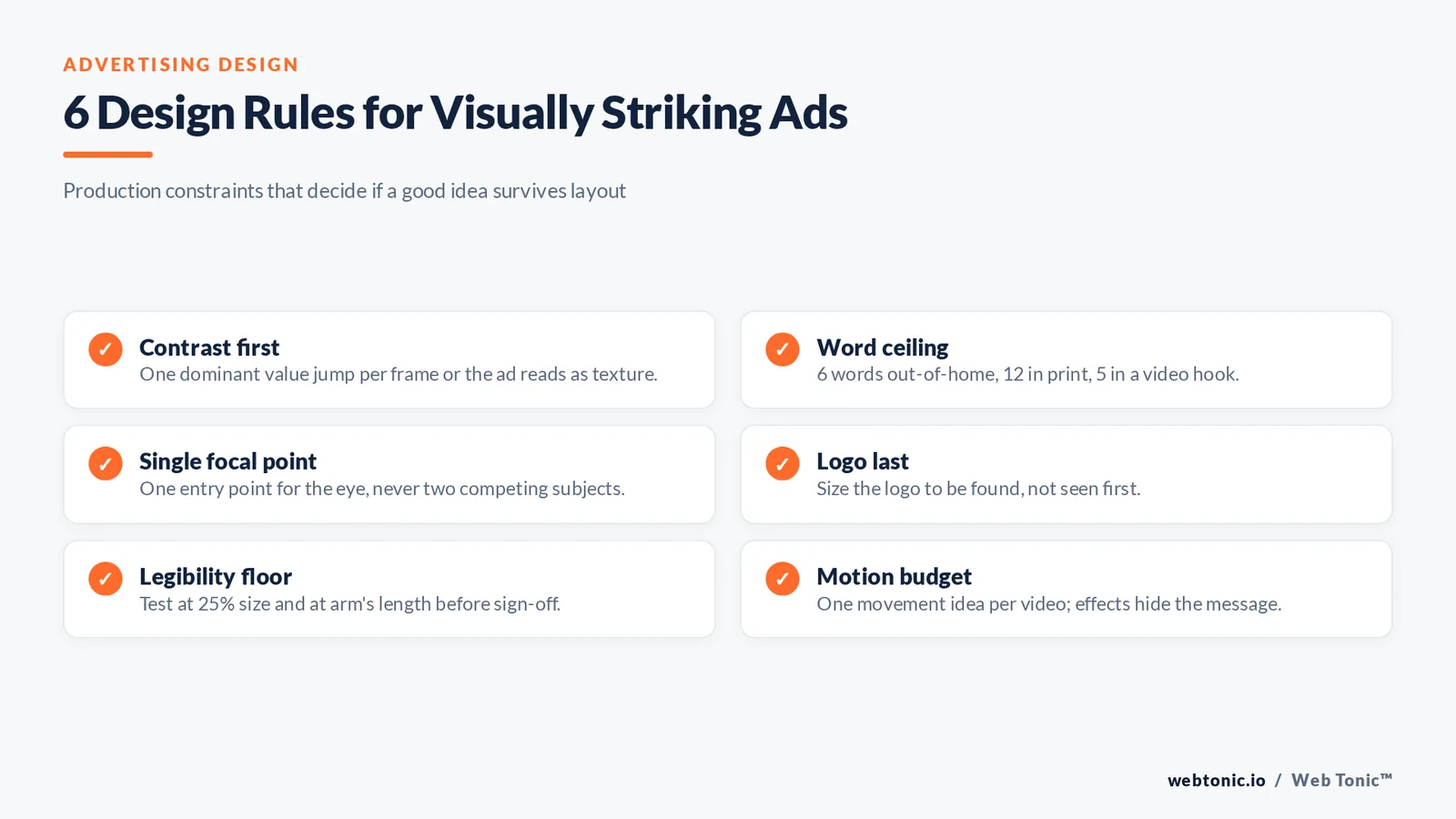 Checklist graphic listing six advertising design rules including a six-word ceiling for out-of-home and one focal point per frame