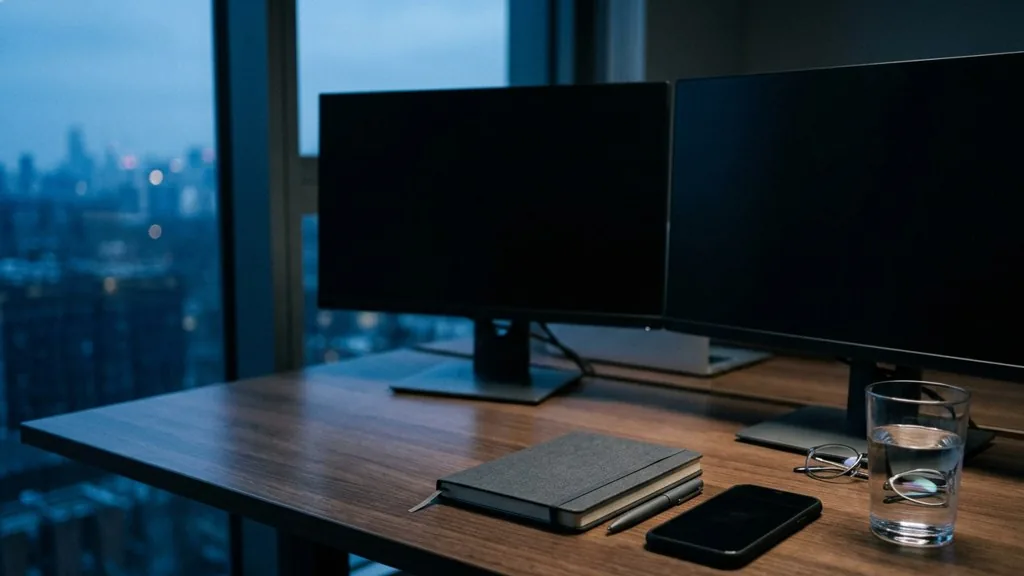 Media buyer's minimal desk at dawn with two switched-off monitors, a closed notebook and a glass of water in cool morning light