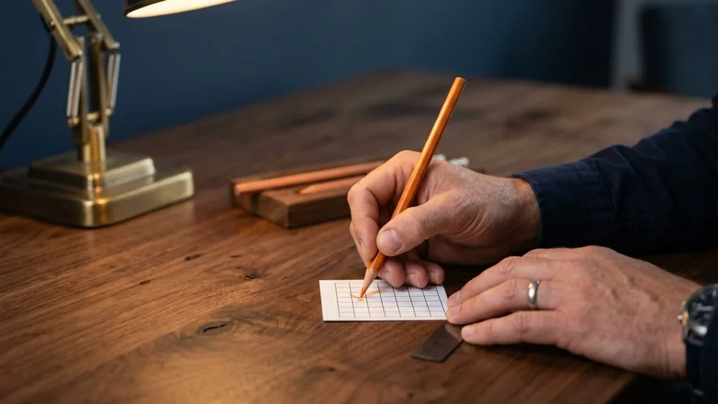 Specialist's hands marking a small printed grid with an orange pencil on a dark walnut desk under a single warm lamp