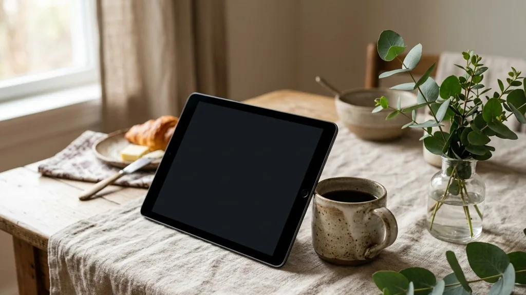 Tablet propped against a ceramic mug on a linen tablecloth beside eucalyptus stems in soft morning window light
