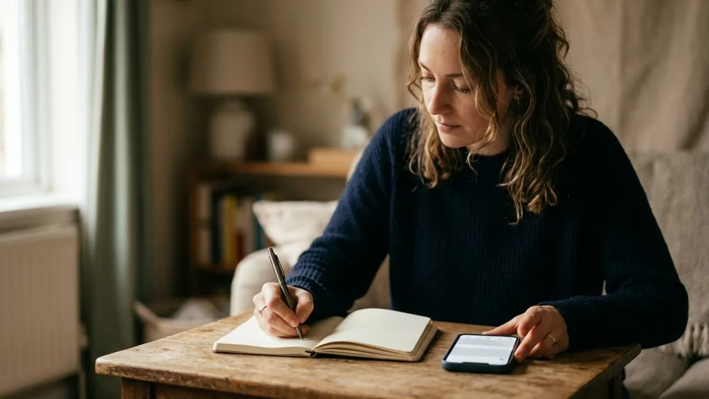 Copywriter drafting short ad lines in a paper notebook beside a smartphone showing a blank social feed in soft morning light