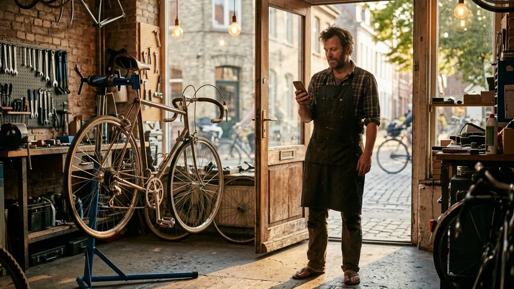 Independent bike repair shop owner standing in his open shop doorway at golden hour checking his phone beside a bicycle on a repair stand