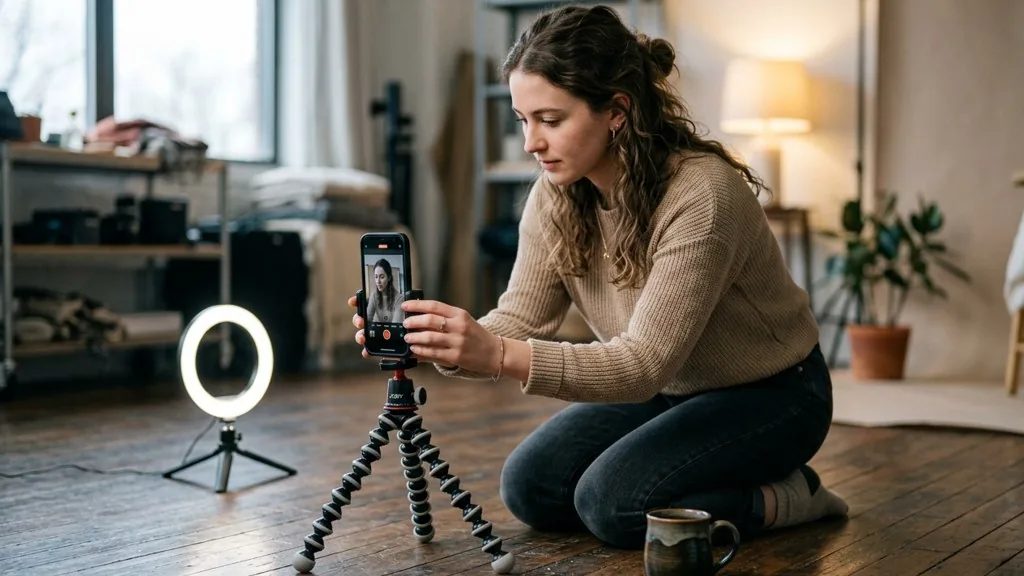 Content creator kneeling on a studio floor adjusting a smartphone on a tripod beside a ring light in mixed window and lamp light