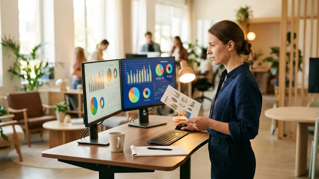 Media buyer at a standing desk reviewing performance charts on two monitors in a bright agency office with warm afternoon light