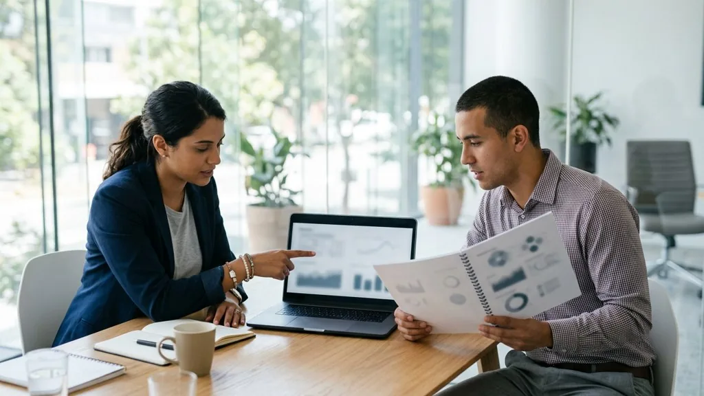 Two marketing strategists comparing campaign results on a laptop and printed report in a bright glass-walled meeting room
