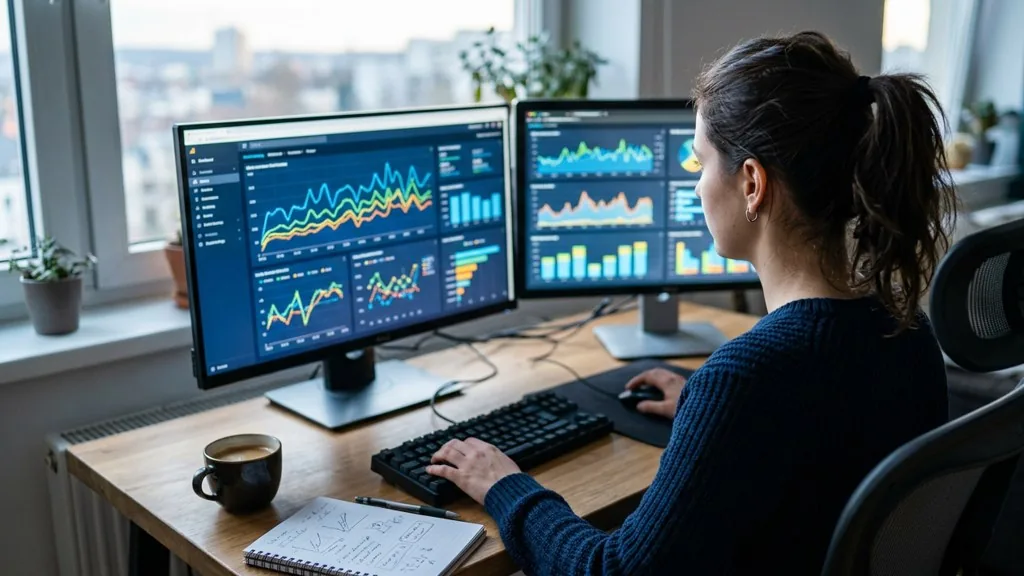 Web analyst at a dual-monitor desk reviewing a traffic-source dashboard with coloured line charts in cool morning light