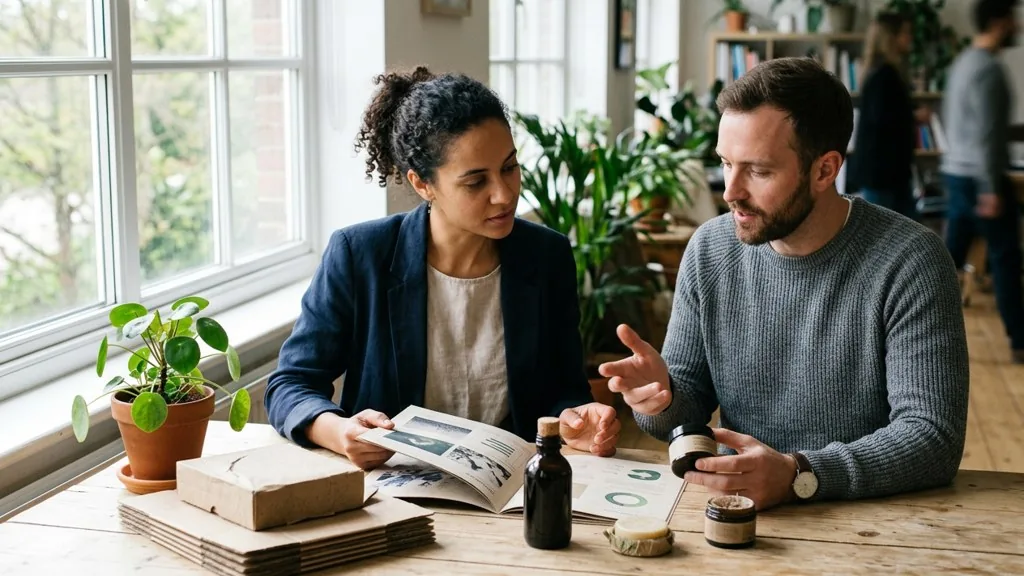 Brand strategist and sustainability lead reviewing product samples, recycled packaging and a printed impact report in daylight