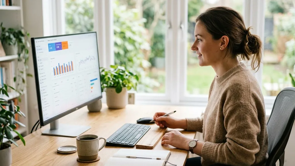 SEO specialist reviewing a search performance dashboard on a large monitor in daylight with a notebook beside the keyboard
