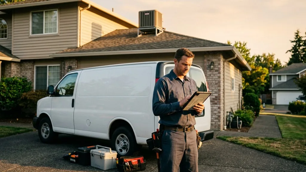HVAC technician in uniform holding a tablet beside a service van outside a suburban home in late afternoon light