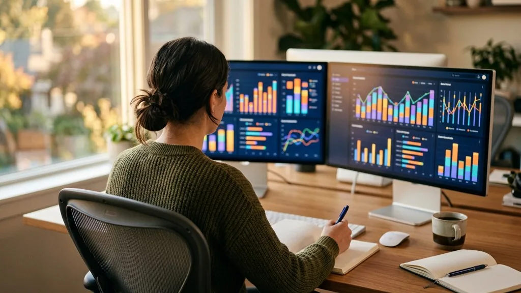 Media buyer at a desk reviewing colourful performance charts on two monitors in warm afternoon light