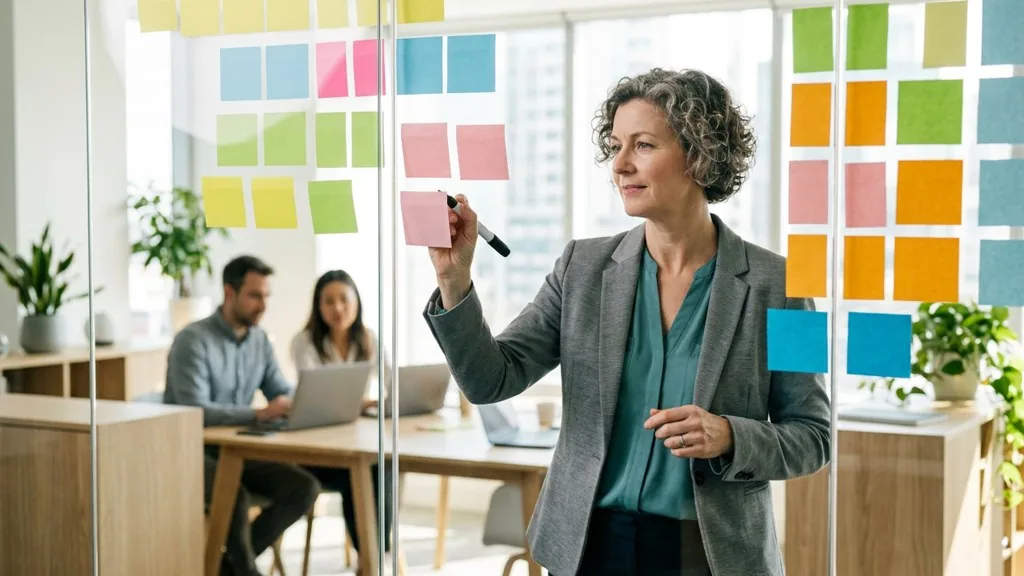 Internal communications manager at a glass wall of blank coloured sticky notes holding a marker in a bright office