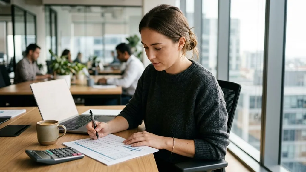 Performance marketing analyst reviewing a printed profit margin worksheet beside a calculator in a bright office