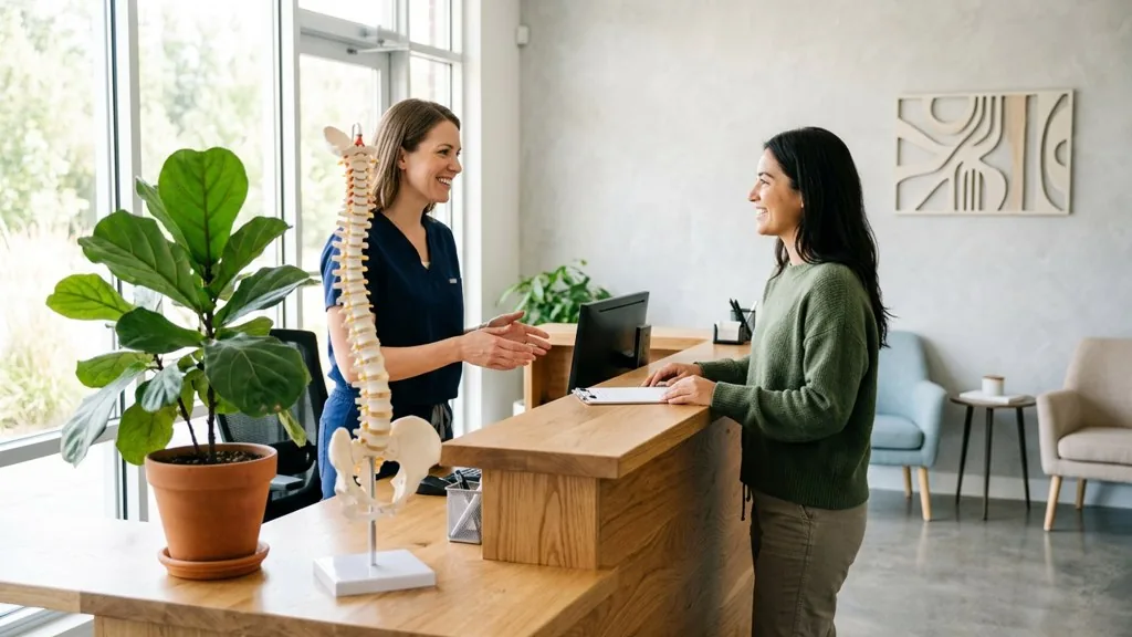 Receptionist in scrubs greeting a patient at a bright chiropractic clinic reception desk with a spine model