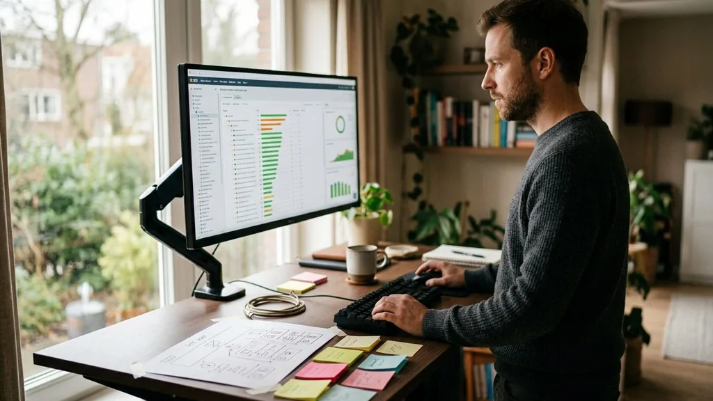 SEO specialist at a standing desk reviewing a website crawl report on a large monitor beside a printed site map