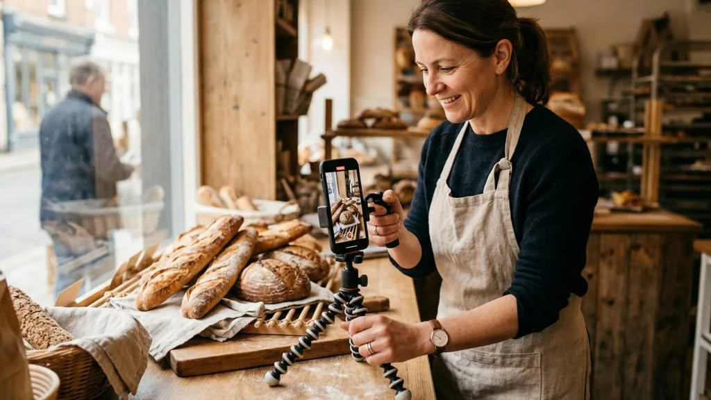 Small bakery owner in an apron filming a short vertical video of fresh loaves on a phone tripod at the counter